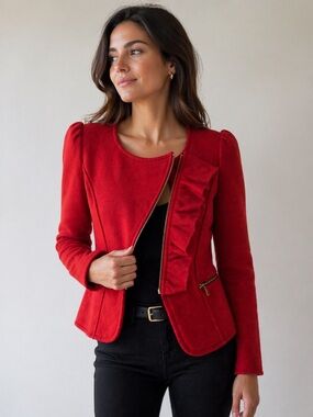 BCBG Paris Pompeian Red Ruffle Asymmetrical Zip Jacket Women’s Small